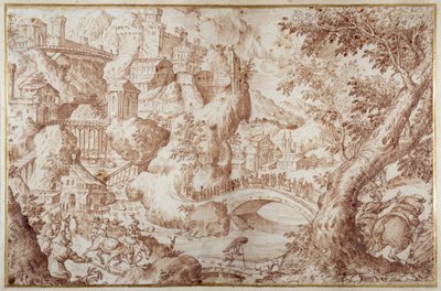 Paysage montagneux fantastique avec des ponts enjambant des ravins, une ville et des voyageurs - Gillis van Valckenborch