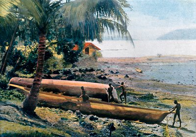 Construction de canoës, îles Andaman et Nicobar, océan Indien, vers 1890 - Gillot