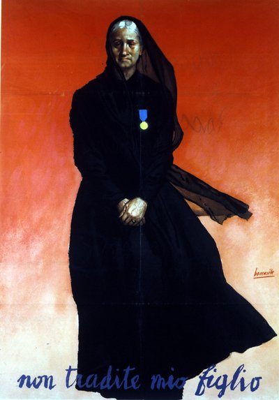 Seconde Guerre mondiale : Affiche italienne représentant une veuve (fils tué au combat) : Ne trahissez pas mon fils. Italie - Gino Boccasile