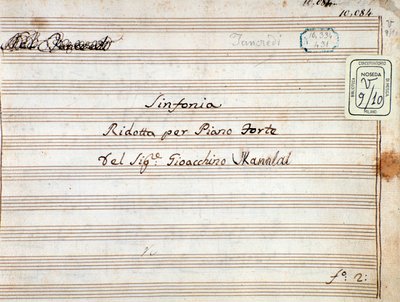 Partition pour la symphonie réduite pour piano de Tancredi, opéra de Gioacchino Rossini - Gioachino Rossini