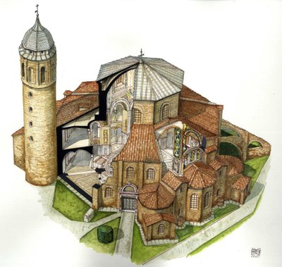 Art byzantin : représentation de la basilique Saint-Vital (Saint Vital ou San Vitale) à Ravenne (Ravenne) au Ve siècle. Vue aérienne avec des coupes pour voir l