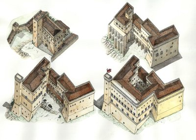 Moyen Âge : vue aérienne des différentes phases de construction du Palais du Vatican (Vaticano) entre le 12e et le 15e siècle. Rome Italie - Giorgio Albertini