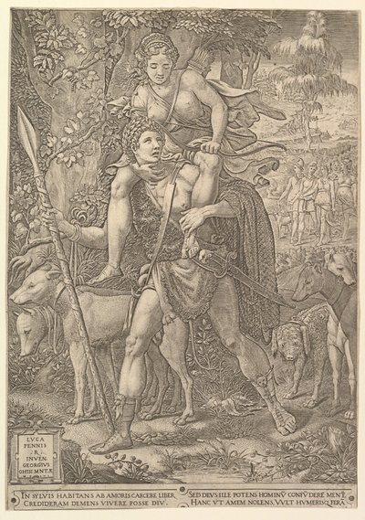 Allégorie de la chasse, un chasseur tenant une grande lance portant une femme Diana sur ses épaules, 1556 - Giorgio Ghisi