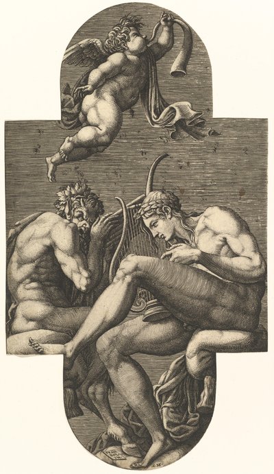 Apollon, Pan et un putto soufflant dans une corne, d