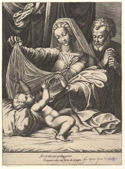 Madone de Lorette, la Vierge soulève un voile au-dessus de l