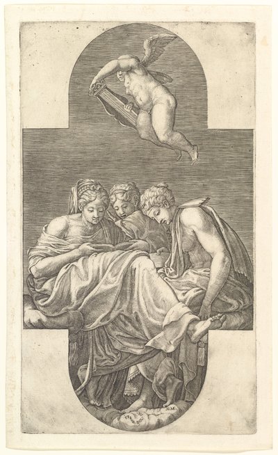 Trois muses et un putto avec une lyre, une composition cruciforme, d