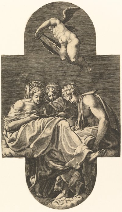 Trois Muses et un putto au-dessus avec une lyre, d