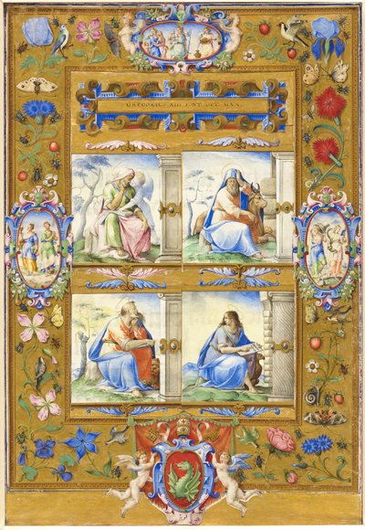 Les quatre évangélistes, dans une bordure de fleurs, d