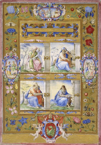 Les quatre évangélistes, dans une bordure de fleurs, d
