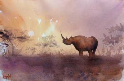 Coucher de soleil sur les rhinocéros d