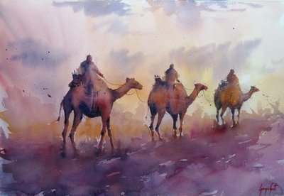 Caravane de chameaux au coucher du soleil - Giorgio Gosti
