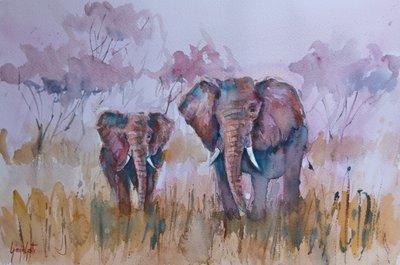 Éléphants dans la savane brumeuse - Giorgio Gosti