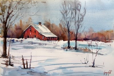 Paysage hivernal avec une grange rouge - Giorgio Gosti