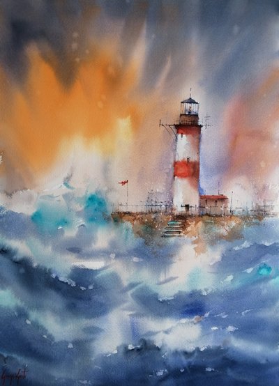 Paysage marin avec phare sous l
