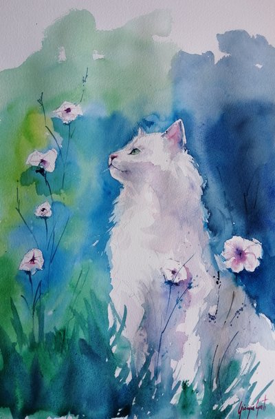 Chat blanc en fleurs - Giorgio Gosti