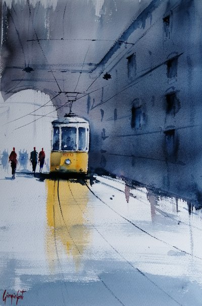 Tramway jaune sous la pluie en ville - Giorgio Gosti