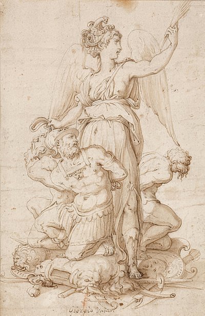 Victoire ailée avec une branche de palmier et trois prisonniers agenouillés sur des trophées. Vers 1540 - Giorgio Vasari