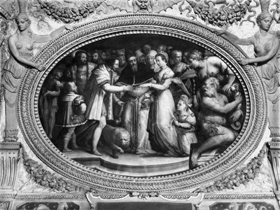 Le Pape Clément VII (1478-1534) mariant Catherine de Médicis (1519-1589) et Henri II de France (1519-59) le 28 octobre 1533, de la Sala di Clemente VII - Giorgio Vasari