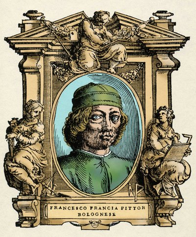 Portrait de Francesco Francia (1450-1517) peintre italien. Gravure du traité « Vies des plus excellents peintres, sculpteurs et architectes » (Le Vite de