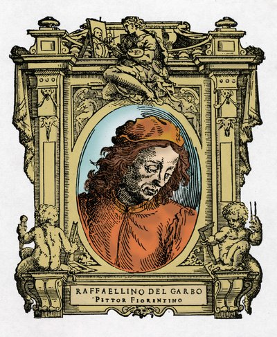 Portrait de Raffaellino del Garbo (Raffaellino de Carli) (1466-1525) peintre italien. Gravure du traité « Vies des plus excellents peintres, sculpteurs et architectes » (Le Vite de
