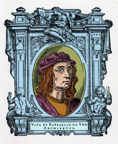Portrait de Raphaël (Raffaello Sanzio 1483 - 1520) architecte et peintre italien. Gravure du traité "Les Vies des plus excellents peintres, sculpteurs et architectes" (Le Vite de