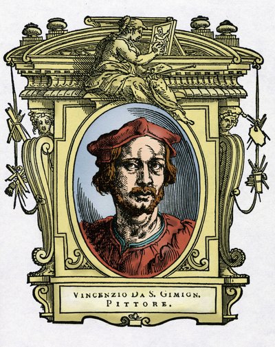 Portrait de Vincenzo Tamagni (Vincenzo da San Gimignano) (1492-1530) peintre italien. Gravure du traité « Vies des plus excellents peintres, sculpteurs et architectes » (Le Vite de