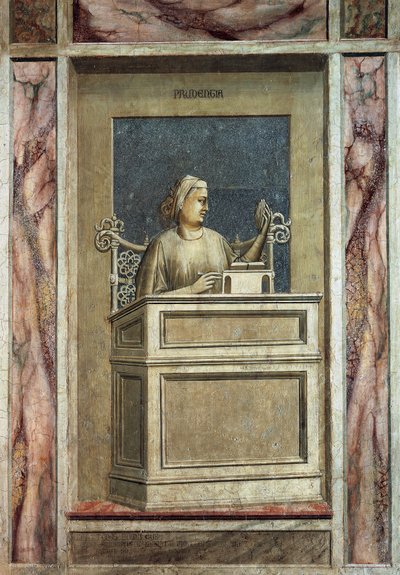 Prudence, figure féminine assise à un bureau, regardant le passé pour apprendre de l