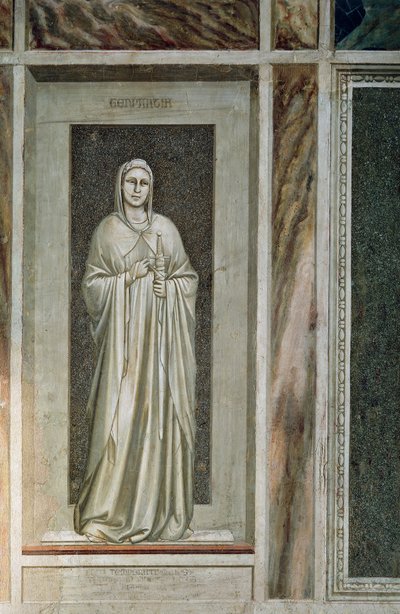 La Tempérance, figure douce avec une épée attachée à son fourreau et une bride à la bouche symbolisant le contrôle des mots, par Giotto, détail du cycle de fresques Les Vices et les Vertus - Giotto (c.1266 1337)