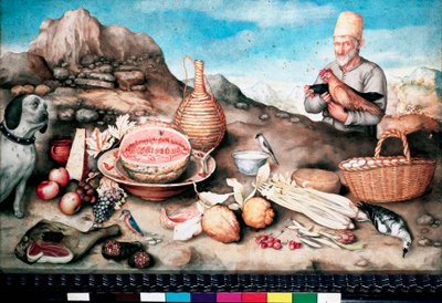 Nature morte : Poisson, melon, jambon, artichaut, céleri, gibier, peinture de Giovanna Garzoni - Giovanna Garzoni