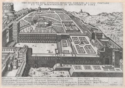 Speculum Romanae Magnificentiae: Vue aérienne du Belvédère et de ses jardins, 1579 - Giovanni Ambrogio Brambilla.