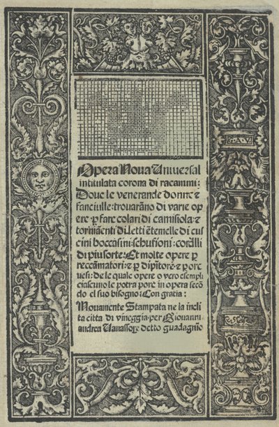 Opera Nova Universali intitulata Corona di racammi, page de titre recto, [1530] - Giovanni Andrea Vavassore