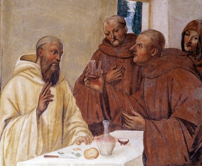 Benoît brise un verre de vin empoisonné en faisant le signe de la croix (détail) - Giovanni Antonio Bazzi Sodoma