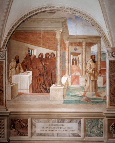 Benoît brise un verre de vin empoisonné en faisant le signe de la croix fresque du cloître réalisée par Antonio Bazzi dit il Sodoma (1477 - 1549) racontant la vie de Saint Benoît de Nursie (480 - 567) fondateur de l