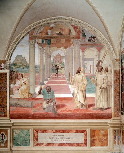 Benoît construit douze monastères fresque du cloître réalisée par Antonio Bazzi dit il Sodoma racontant la vie de Saint Benoît de Nursie, fondateur de l