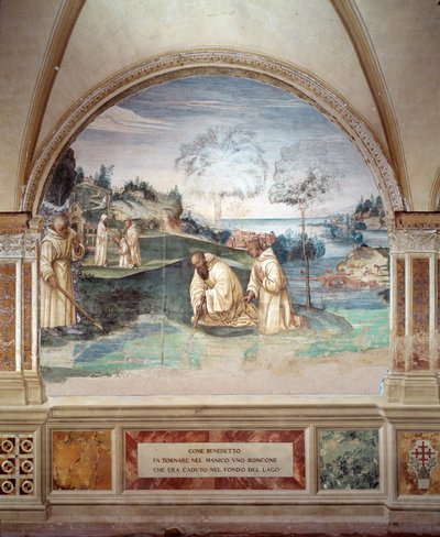 Benoît fait tomber une faucille dans le lac fresque du cloître réalisée par Giovan Antonio Bazzi dit il Sodoma (1477-1549) racontant la vie de Saint Benoît de Nursie (480 - 567) fondateur de l