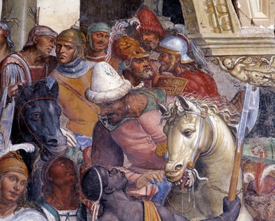 Comment Benoît rencontre les deux jeunes Romains Maur et Placid (détail) fresque du cloître réalisée par Antonio Bazzi dit il Sodoma (1477 - 1549) racontant la vie de Saint Benoît de Nursie (480 - 567) fondateur de l