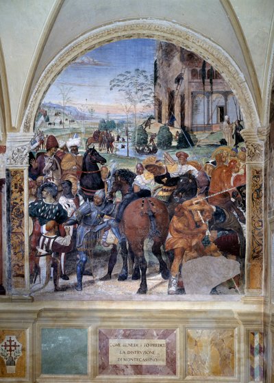 Comment Benoît prédit la destruction de Monte Cassino (détail) - fresque du cloître réalisée par Antonio Bazzi dit il Sodoma racontant la vie de Saint Benoît de Nursie, fondateur de l