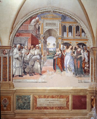 Comment Fiorenzo envoie des prostituées au monastère - fresque du cloître réalisée par Antonio Bazzi dit il Sodoma (1477 - 1549) racontant la vie de Saint Benoît de Nursie (480 - 567) fondateur de l