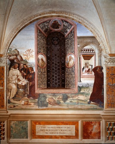 Comment un prêtre a apporté de la nourriture à Benoît à Pâques - Fresque du cloître réalisée par Antonio Bazzi dit il Sodoma (1477 - 1549) racontant la vie de Saint Benoît de Nursie (480 - 567) fondateur de l