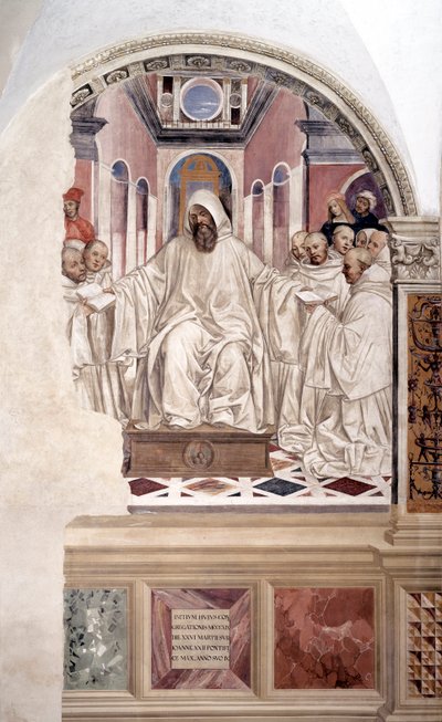Saint Benoît donne la règle aux moines (Benoît donne la règle aux moines) fresque du cloître réalisée par Antonio Bazzi dit il Sodoma (1477 - 1549) racontant la vie de Saint Benoît de Nursie (480 - 567) fondateur de l