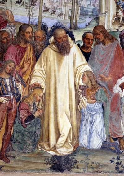 Saint Benoît reçoit deux jeunes Romains, Maur et Placide (détail) fresque du cloître réalisée par Antonio Bazzi dit il Sodoma (1477 - 1549) racontant la vie de Saint Benoît de Nursie (480 - 567) fondateur de l