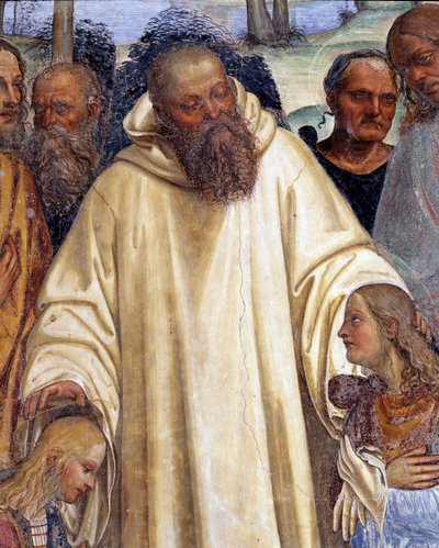 Saint Benoît reçoit deux jeunes Romains, Maur et Placide (détail) fresque du cloître réalisée par Antonio Bazzi dit il Sodoma (1477 - 1549) racontant la vie de Saint Benoît de Nursie (480 - 567) fondateur de l