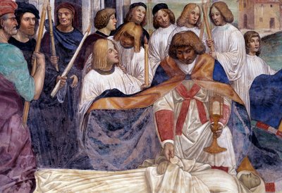 Saint Benoît porte le corps du Christ sur le corps du moine que la terre refuse d