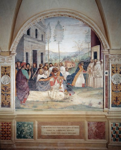 Saint Benoît porte le corps du Christ sur le corps du moine que la terre refuse d