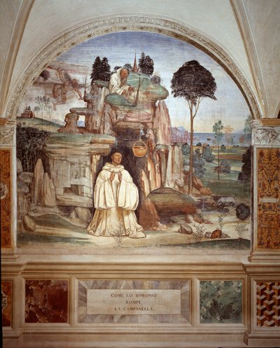 Le démon brise la cloche fresque du cloître réalisée par Antonio Bazzi dit il Sodoma (1477 - 1549) racontant la vie de Saint Benoît de Nursie (480 - 567) fondateur de l