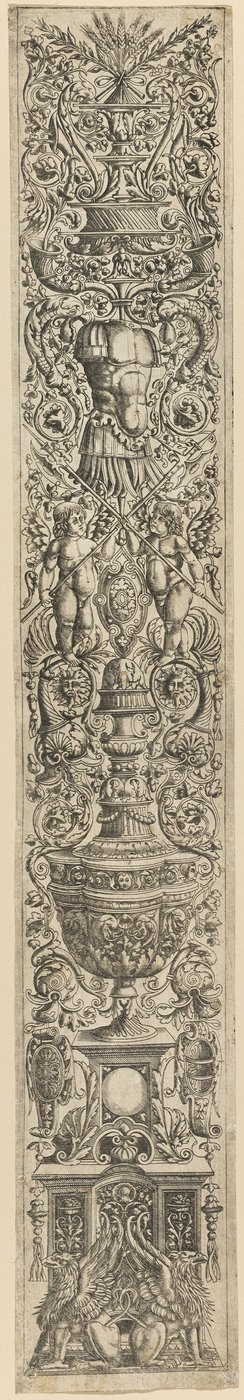 Griffons et deux cupidons croisant des hallebardes, planche cinq des douze panneaux d