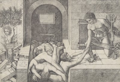 Ignorance et Mercure une allégorie de la Vertu et du Vice, Mercure agenouillé à droite - Giovanni Antonio da Brescia