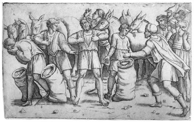 La coupe de Joseph trouvée dans le sac de Benjamin, histoire biblique de Joseph, Genèse 44, vers 1520-25 - Giovanni Antonio da Brescia