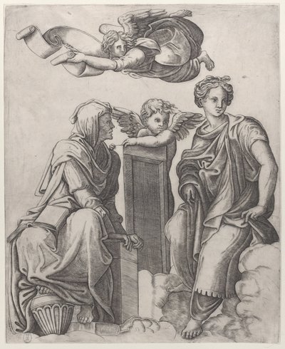 Deux figures féminines assises dans les nuages entourant un ange et un autre volant au-dessus, ca. 1510-25 - Giovanni Antonio da Brescia