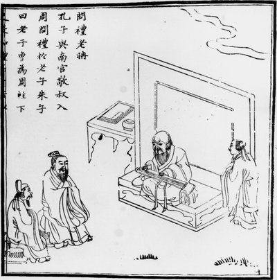 Lao Tseu rencontrant Confucius. Gravure chinoise. s.d. - Phillipe de Marlier